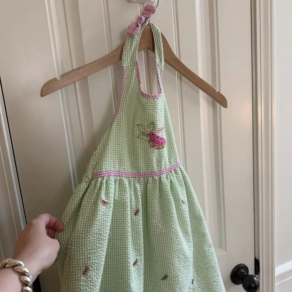 B.T. Kids Vintage Girl’s Dress Pink & Green Gingham Seersucker Watermelon Sz 5